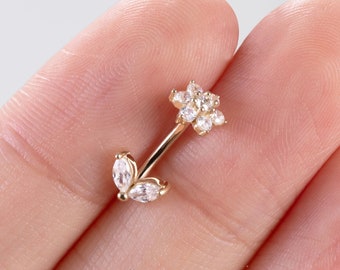 14K Or Massif Fleur Laisser Rook Boucle d’oreille Or Sourcil Piercing Courbe Barbell Anneau Nombril Anneau Or Rook barbells Tragus barbells 16g