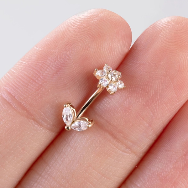 14K Solid Gold Flower Leave Rook Earring Gold Eyebrow Piercing Curved Barbell Ring Belly Button Ring Gold Rook barbells Tragus barbells 16g