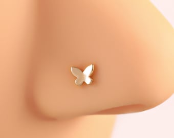 14k Solid Gold Butterfly Nose Stud, L Shaped Nose Ring, Gold L-Shaped Nose Pin, 20g L Nose Piercing, Nose Piercing Jewelry, Thin Nose Stud