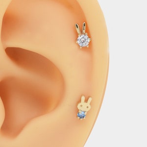 14k Solid gold Bunny Knorpel Ohrstecker Muschel Ohrringe winzige Ohrstecker Bolzen Helix Bolzen Tragus Ohrstecker Drücken Sie in zurück