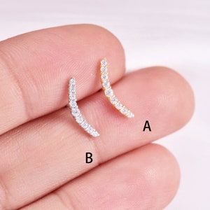 14K Solid Gold Pave Diamond Curved Bar Stud Earring Meteor Trail Cartilage White Gold Helix Stud Conch Tragus Stud Flat Back Earring