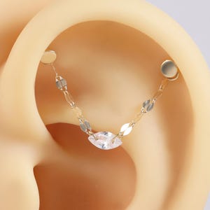 14K Solid Gold Dangle Marquise Chain Attachment Double Piercing Connector Linked Piercing Chain Double Earring Chain for Lobe or Helix