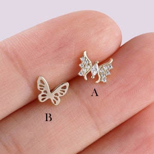 14K Solid Gold Butterfly Cartilage Piercing, Threadless Push In Labret, Gold Helix Earring, Tragus Stud, Conch Earring, Flat Back Earring