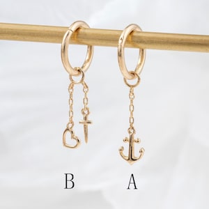 14K Solid Gold Anchor & Heart-Dagger Charm Dangle Piercing Add-Ons Nautical and Symbolic Charm Helix Conch Tragus Hoop Charm Accessory