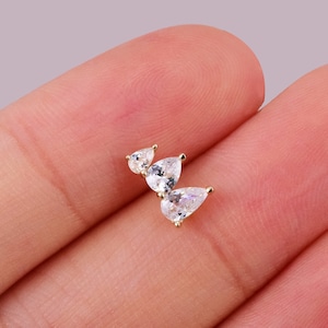 14k Solid Gold Tiny Triple CZ Climber Earring Ear Cluster Cartilage Earring Helix Stud Conch Earring Tragus Jewelry Flat Back Earring 20g