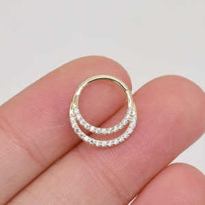 14k Solid Gold Double Row Septum Ring Pave Sparking Layered Daith Hoop Clicker Stacked Nose Ring Cartilage Hoop Clicker Nose Piercing 16G