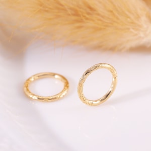 14K Solid Gold Septum Ring with Delicate Pattern Daith Hoop Clicker Cartilage Ring Tragus Clicker Embossed Textured Helix Hoop 16g