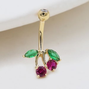 14k massief gouden Emerald Ruby Cherry buikring, gebogen barbell schattige fruit navelpiercing, gouden edelsteen navelring met externe schroefdraad