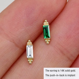 14k Solid Gold Tiny Baguette Stud Earring Emerald Baguette Cartilage Earring Conch Tragus Stud Threadless Push Pin Labret Flat Back Earring