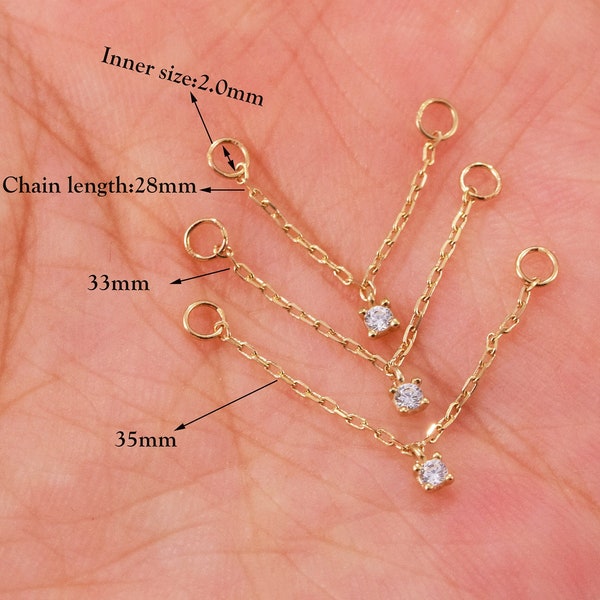 14K Solid Gold CZ Stone Chain Earring Connector Gold Chain Charm Minimalist Jewelry Earring Accessories Helix Chain For Huggie Hoop And Stud