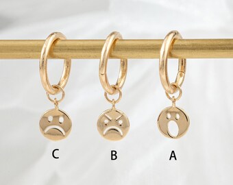 14k Solid Gold Emoji Clicker Earring Charm Smiley, Sad, and Shocked Face Cartilage Tragus Helix Hoop Charm Rook Hoop Charm for Piercing