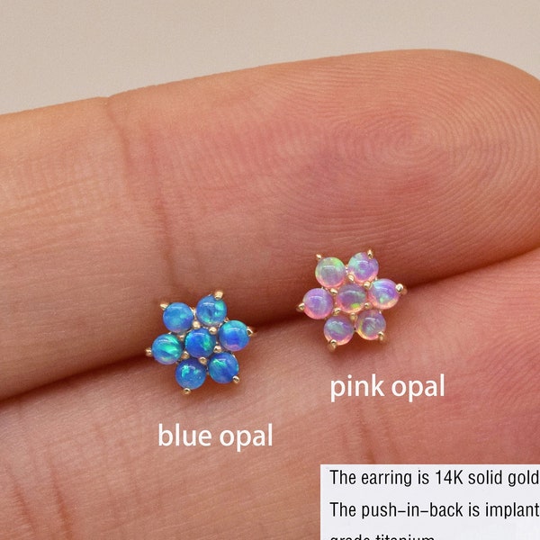 14k Solid Gold Opal Blume Ohrstecker Ohrring Blauer Opal Knorpel Gestüt Rosa Opal Muschel Ohrring Helix Tragus Gestüt Nase Gestüt Labret Gestüt Flachen Rücken