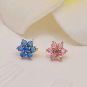 14k Solid Gold Opal Flower Stud Earring Blue Opal Cartilage Stud Pink Opal Conch Earring Helix Tragus Stud Nose Stud Labret Stud Flat Back