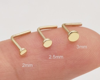 Piercing al naso in oro massiccio 14k, piccolo disco piatto, varie dimensioni del disco, perno per il naso, piercing al naso minimalista, 20 g, forma a L, regalo per lei