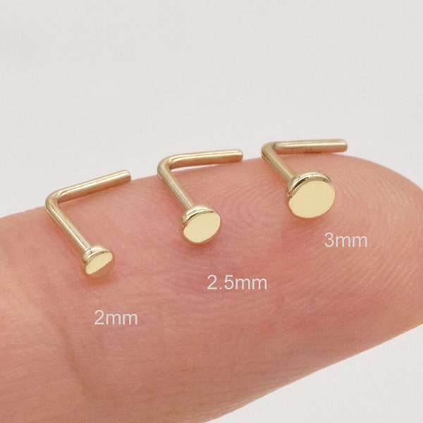 14k Solid Gold Dot Nose Stud Tiny Flat Disc Nose Ring Various Disc Size Nose Piercing Nose Pin Minimalist Nose Stud 20g L Shape Gift for Her