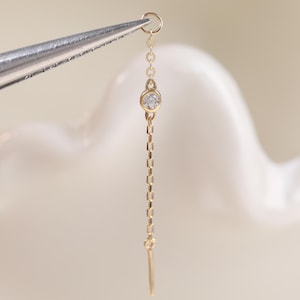14K Solid Gold Dangle Drop Diamond Charm, Thin Bar Clicker Charm, Drop Gemstone Helix Rook Hoop Charm Attachment, Long Chain Charm Earring
