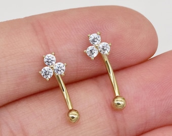 14K Solid Gold Three Stone Rook Piercing Flower Eyebrow Piercing Curved Barbell Ring Belly Button Ring Flower Rook Earring 16g
