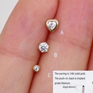 14k Solid Gold Dainty Cartilage Stud Earring Heart/Round Swarovski Element Stone Conch Stud Helix Stud Tragus Stud Labret Stud Push in Back