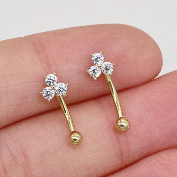 14K Solid Gold Three Stone Rook Piercing Flower Eyebrow Piercing Curved Barbell Ring Belly Button Ring Flower Rook Earring 16g