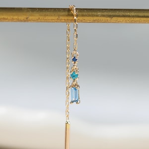 14k Solid Gold Baguette Blue Sapphire CZ Dangle Chain Threader Chime Earring Stud, Long Chain Founding Ear Wire Ring