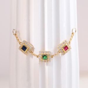 14K Solid Gold Geometric Chain Attachment Blue, Green & Red Square Stone Chain Connector Dangle Helix Conch Chain Dainty Nose Piercing Chain