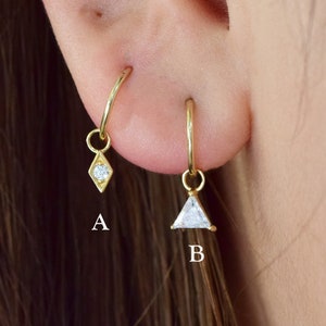 14K Solid Gold Tiny Rhombus Cartilage Hoop Charm Triangle Shape Stone Huggie Charm Daith Helix Hoop Charm Rook Hoop Charm Pendant Charm
