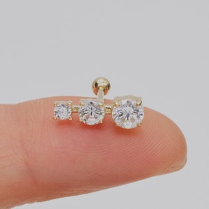 14k Solid Gold Clear Stone Helix Earring Cartilage Stud Daith Stud Conch Earring 3 Stone CZ Ear Cluster Auricle Piercing Screw Ball Back