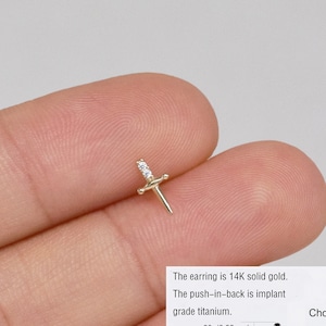 14k Solid Yellow Gold Sword Stud Earring Dagger Helix Stud Tiny Conch Stud Tragus Stud Cartilage Ear Stud push back earring Christmas gift