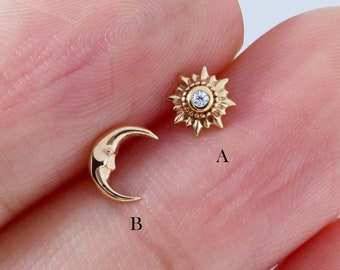 Moon&Star Earring, 14K Solid Gold Crescent Stud, Gold Starburst Piercing, Threadless Flat Back Earring, Nose Stud 20g