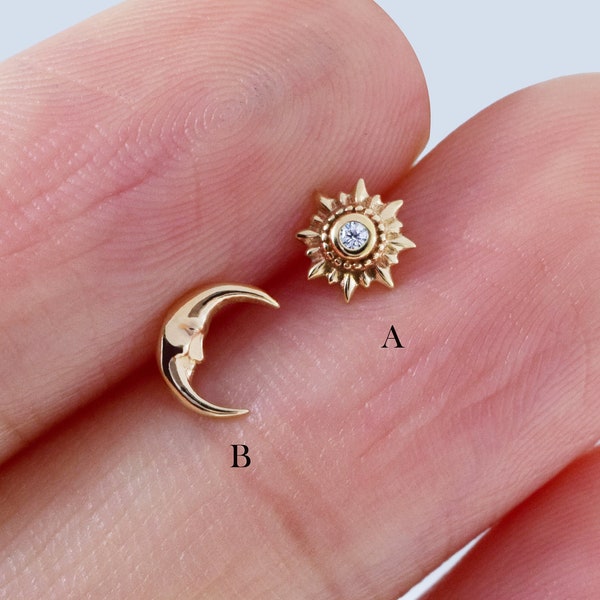 Moon&Star Earring, 14K Solid Gold Crescent Stud, Gold Starburst Piercing, Threadless Flat Back Earring, Nose Stud 20g