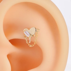 14k Solid Gold Heart Shape Stud Earring Drop Earring Dangle Chain Piercing Helix Stud Dainty Daith Earring Tragus Stud Flat Back Earring