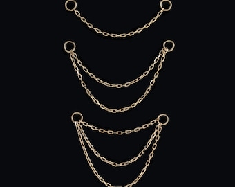 14K Solid Gold Cable Chain Piercing, Double Chain Triple Chain Attachment, Helix Conch Nose Industrial Wrap Chain