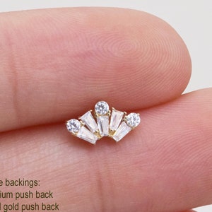 14K Solid Gold Fan-Shape Stud Earring Geometric Cartilage Stud Clear Stone Conch Stud Helix Stud Tragus Stud Labret Stud Flat Back Stud