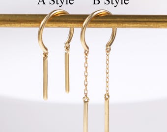 14k Solid Gold Dangle Chain Threader Chime Earring: Earwire Thread Dancing Threader