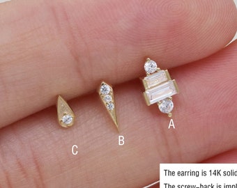 14k Solid Gold Geometric Stud Earring Tiny Abstract Internally Threaded Cartilage Stud Conch Earring Helix Tragus Stud Labret Stud Flat Back
