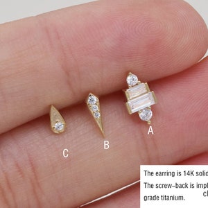 14k Solid Gold Geometric Stud Earring Tiny Abstract Internally Threaded Cartilage Stud Conch Earring Helix Tragus Stud Labret Stud Flat Back