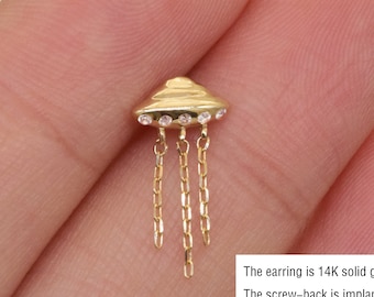 14k Solid Gold UFO Stud Earring Cute Spaceship Internally Threaded Cartilage Stud Conch Stud Helix Tragus Stud Labret Stud Flat Screw Back