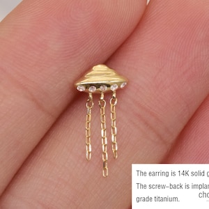 14k Solid Gold UFO Stud Earring Cute Spaceship Internally Threaded Cartilage Stud Conch Stud Helix Tragus Stud Labret Stud Flat Screw Back