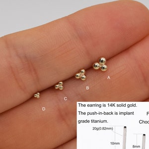 14k massief goud Three Dot kraakbeen Stud Earring Tiny Conch Earring kraakbeen Stud Helix Stud Tragus Stud Push in rug cadeau voor moeder afbeelding 3
