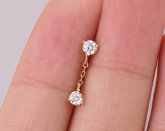 14k Solid Gold Moissanite Dangle Cartilage Earring Gold Drop Diamond Helix Tragus Push Back Double Gemstone Threadless Push Pin Earring