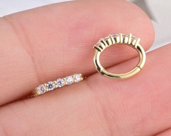 14K Solid Gold Diamond Oval Huggie Hoop Earring, Gold Hinged Segment Clicker, Clear CZ Rook Clicker Ring, Oval Seamless Belly Ring Clicker