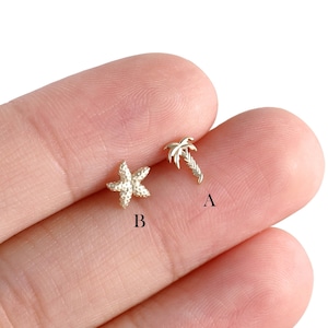 14k Solid Gold Starfish Cartilage Earring, Coconut Tree Earring, Helix Stud, Conch Earring, Tragus Piercing, Gold Labret, Flat Back Earring