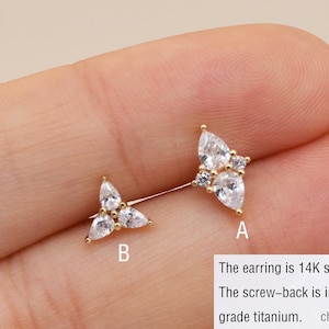 14k Solid Gold Flower Stud Earring Dainty Triangle Internally Threaded Cartilage Stud Conch Earring Helix Tragus Stud Labret Stud Flat Back