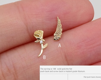 14k Solid Gold Rose Flower Stud Earring Cartilage Angel Wing Piercing Tragus Conch Earring Dainty Flower Helix Stud Screw Flat Back Earring