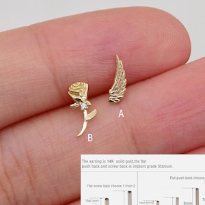 14k Solid Gold Rose Flower Stud Earring Cartilage Angel Wing Piercing Tragus Conch Earring Dainty Flower Helix Stud Screw Flat Back Earring