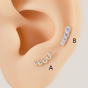 14K Solid Gold Curved Bar Gemstone Earring, Moon Shape Beaded Cartilage Stud, Cartilage Piercing, Helix Climber Stud, Threadless Push In