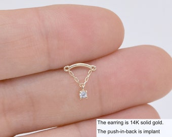 14k Solid Gold Chain Earring Dangle Stud Earring Hidden Helix Stud Tragus Stud Cartilage Earring Ear Stud Piercing Jewelry Flat Push Back