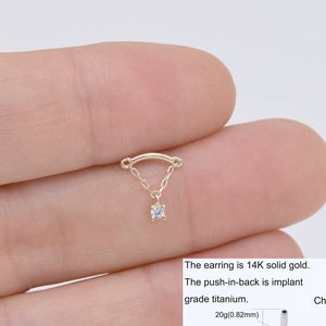 14k Solid Gold Chain Earring Dangle Stud Earring Hidden Helix Stud Tragus Stud Cartilage Earring Ear Stud Piercing Jewelry Flat Push Back