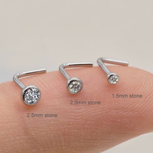 14k Solid White Gold Diamond Nose Stud Nose Ring Various Diamond Size Gold Nose Pin 20g L Shape Piercing Jewelry Gift for Her