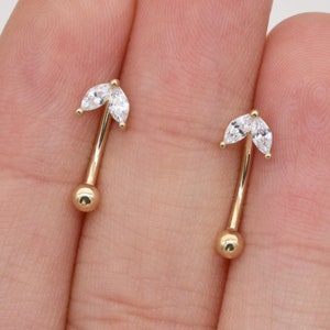 14K Solid Gold Marquise Stone Rook Piercing Leaf Eyebrow Piercing Flower Curved Barbell Ring Dainty Belly Button Ring Gold Body Jewelry 16g